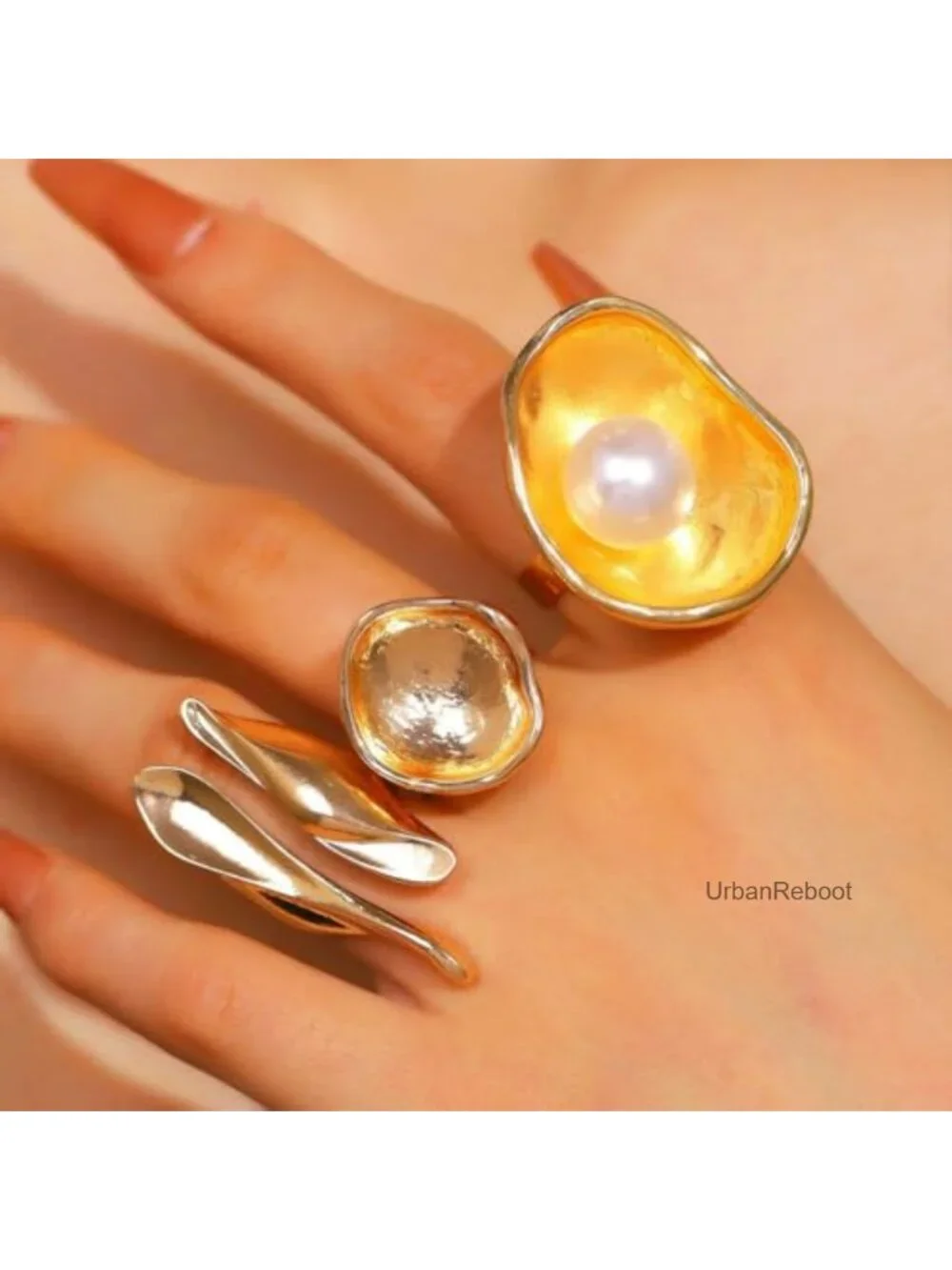 Chunky Gold Bowl Liquid Lava Knuckle Ring Set, Pearl Inlay Open Rings for